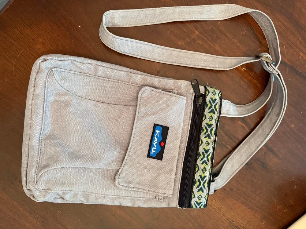 KAVU Gray Canvas Crossbody Shoulder Bag Geometric Trim Adjustable Strap Pockets